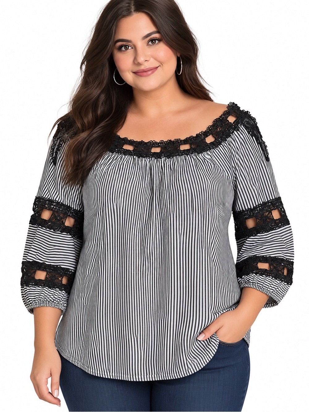 Chico's Black and White Striped Lace-Trim Peasant Top